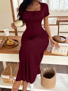 SHEIN Váy ngủ midi trơn cổ vuông thắt nút thời trang cho sự thoải mái thư giãn Váy mùa hè cho nữ Váy dài Váy mặc nhà Váy thường ngày cho nữ - Màu Đỏ Sâu - Xem 5