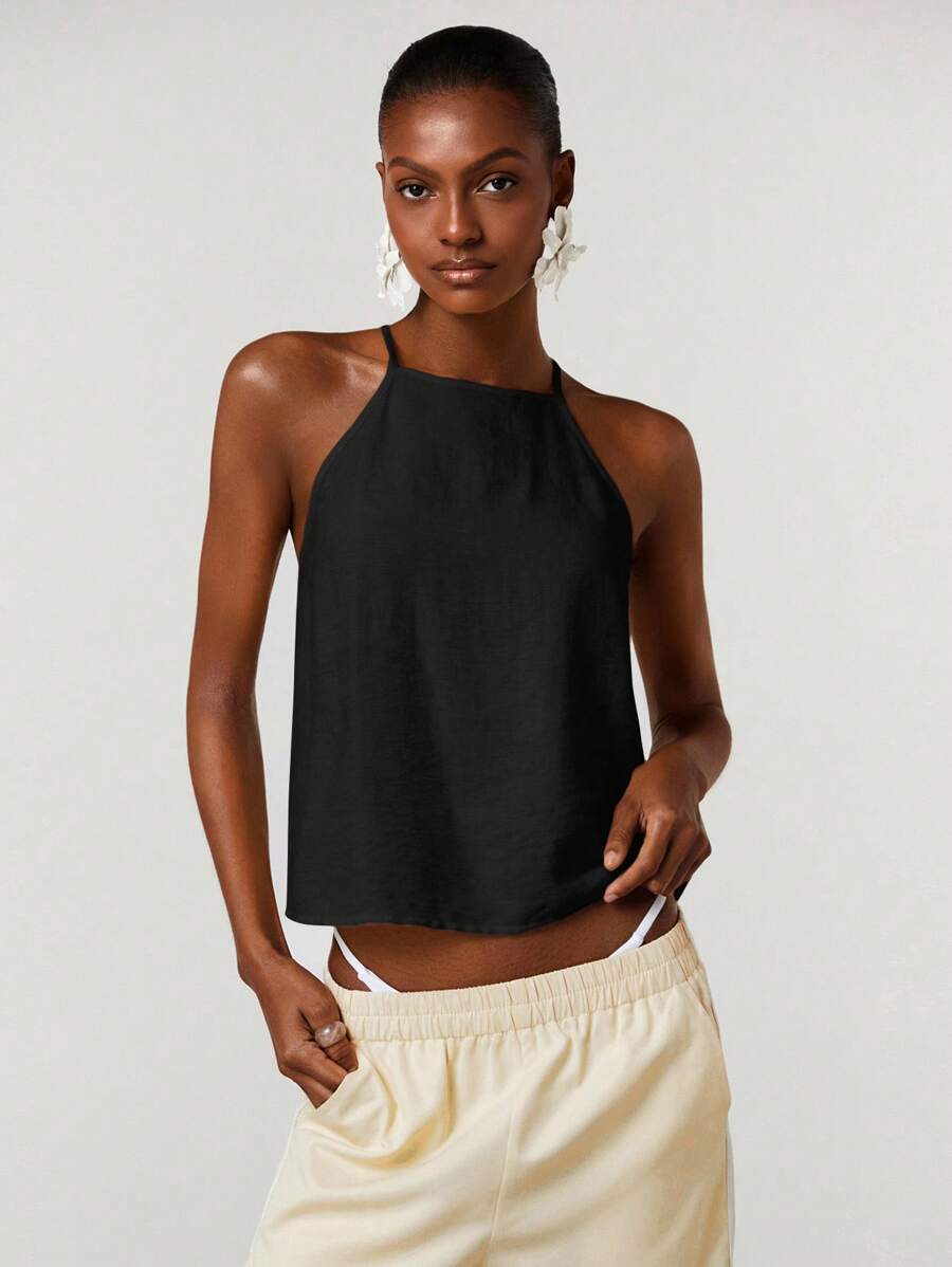 Athîral Top corto de halter de unicolor para mujer - Negro - Ver 1