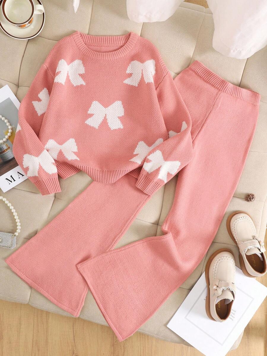 SHEIN 青少年女孩休闲粉色蝴蝶结提花宽松套头衫和喇叭裤套装,适合秋冬季居家、户外和学校穿着 - 藕粉色 - 查看 1