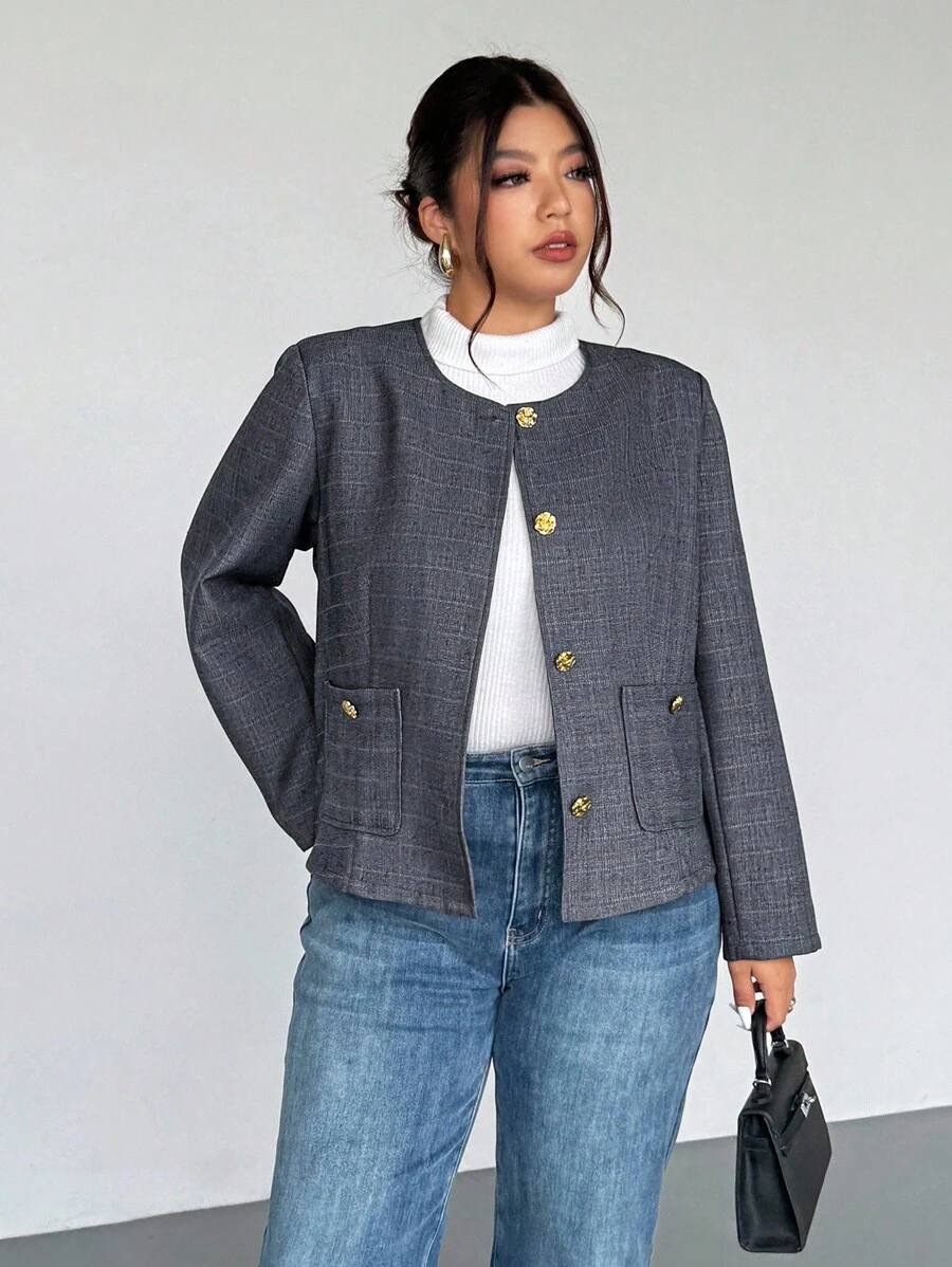 Firerie Plus Size Women's Simple Gray Collarless Commute Daily Minimalist French Elegant Jacket Winter Fall Autumn - Grey - View 1