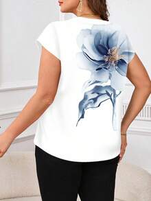 SHEIN Clasi 大码女式休闲花卉印花V领短袖衬衫，浪漫夏日 - 彩色 - 查看 2