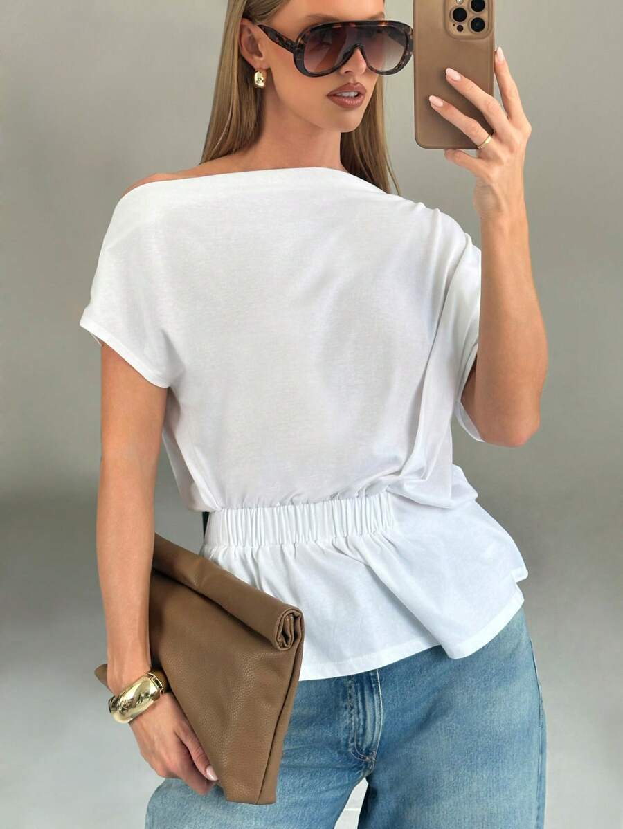 AiiRZ Off Shoulder Draped T-Shirt With Elastic Waist Detail Asymmetric Neckline Casual Summer Loose Fit Minimalist Basic Everyday Fashion Statement Top