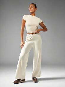 MISSGUIDED Knitted Wide Leg Pants With Scalloped Waistband Elegant Palazzo Lounge Wear Evening Fall Winter Bottoms Wave Design Contemporary Modern Design Casual - Apricot - View 3