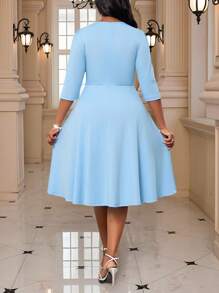 Fleurora 大码夏季优雅工作通勤纯色缺口领紧身连衣裙淡蓝色连衣裙浅蓝色紧身连衣裙女式夏装女式浅蓝色连衣裙紧身中长连衣裙 - 淺藍色 - 查看 2