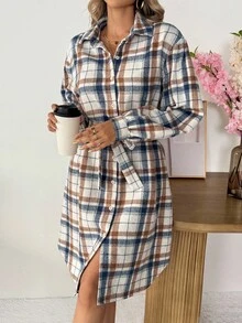 SHEIN LUNE Vestido camisero casual de mujer de manga larga a cuadros, vestido a cuadros de mujer de manga larga, vestido camisero a cuadros de mujer, vestido a cuadros de mujer para otoño