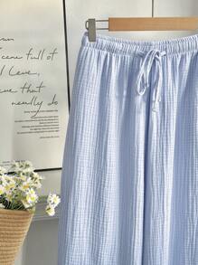 Comfortcana Quần ống rộng ống rộng màu trơn buộc eo cỡ lớn cho nữ Quần cotton thường ngày cho nữ Quần dài mặc nhà, Quần thu/đông, Quần áo mùa thu cho nữ Quần cotton 100% Quần cotton gạc cho nữ Quần cotton mùa hè - Màu xanh lam - Xem 2