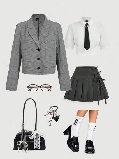 SHEIN MOD 女式千鸟格纹翻领长袖休闲薄款西装外套