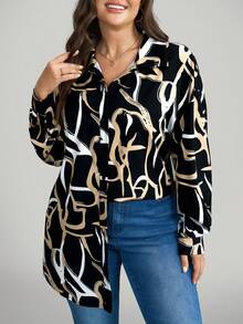 Comfylo 秋季休闲日常穿着，大码女式几何印花长袖衬衫，休闲宽松舒适长款，适合居家和度假，秋季，感恩节假期 - 彩色 - 查看 1