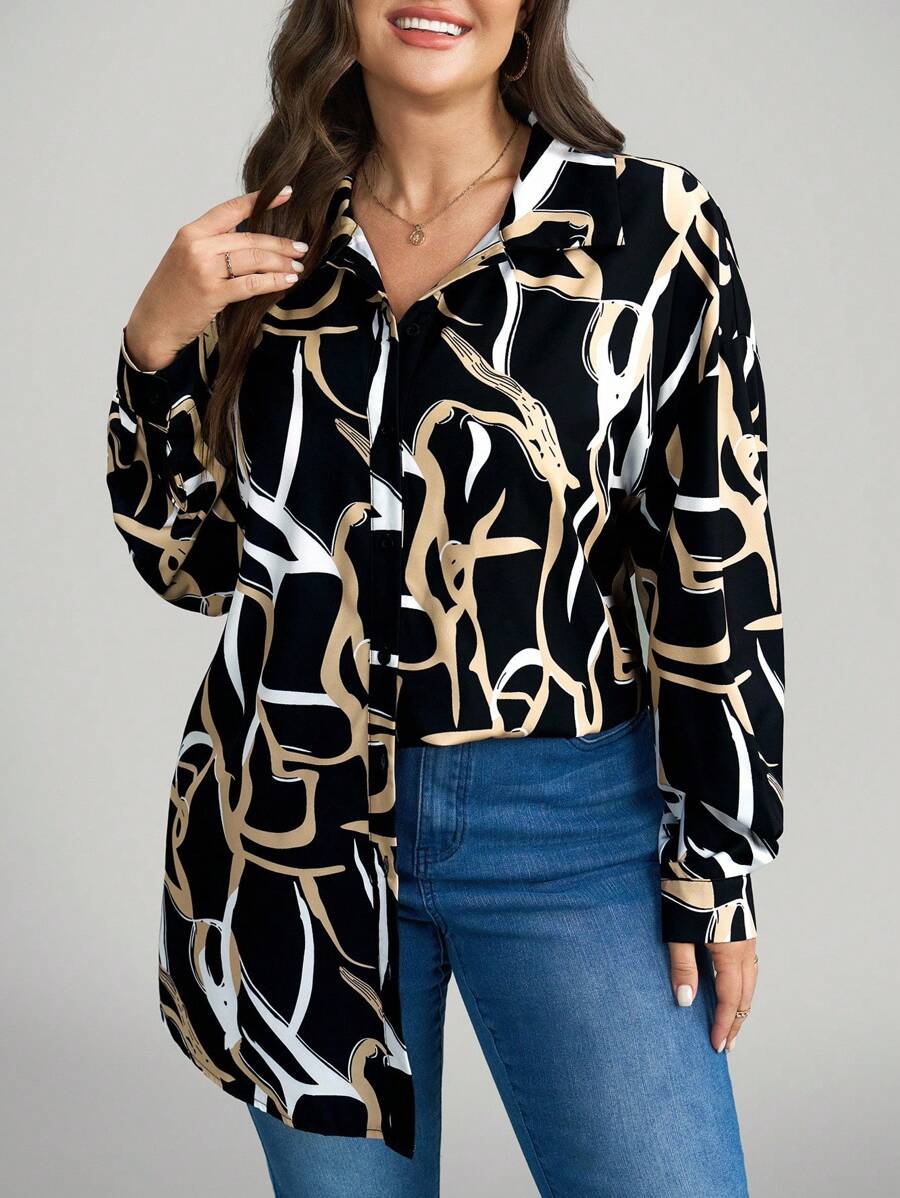 Comfylo 秋季休闲日常穿着，大码女式几何印花长袖衬衫，休闲宽松舒适长款，适合居家和度假，秋季，感恩节假期 - 彩色 - 查看 1