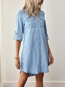 EMERY ROSE Women Casual V-Neck Single-Breasted Cuffed Sleeves Denim Dress