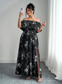 SHEIN Clasi 2025 夏季新款大码女装时尚花卉印花露肩荷叶边露肩收腰修身长裙，适合度假、约会、日常通勤、郊游和旅行 - 黑與白 - 查看 2