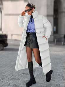 EURMUSE Zip Up Drawstring Waist Long Padded Coat - White - View 1