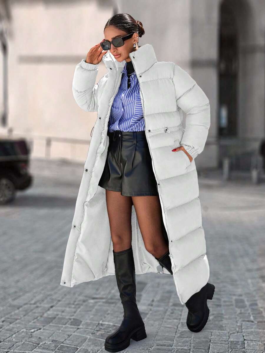 EURMUSE Zip Up Drawstring Waist Long Padded Coat - White - View 1
