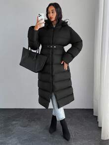 SHEIN Tall Damen Gepolsterter Mantel mit flauschigem Kapuzenrand und Kunstpelz, Reißverschluss