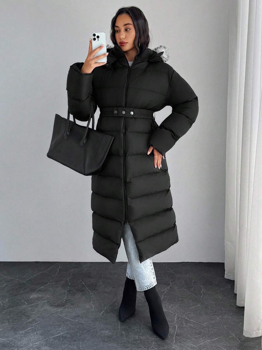 SHEIN Tall Damen Gepolsterter Mantel mit flauschigem Kapuzenrand und Kunstpelz, Reißverschluss