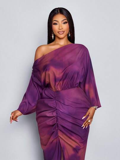 SOLERSUN Women's Tie Dye Pleated Asymmetric Neck Split Thigh Dress, Suitable For Holidays, Work, Weddings, Festivals (Random Pattern)