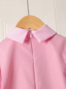 Girls' Soft Pink Dress With Pure White Puff Long Sleeves, Fall, Back To School, Casual, Knit, Fitted, Floral, Vacation, Loose, Ruched Fall Clothes - Pink - View 6