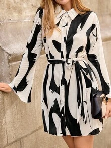 EMERY ROSE Allover Print Belted Shirt Dress,Ladies Casual Belted,Button Long Sleeve Shirt Collar Loose Short Multicolor Flare Sleeve All Over Print Shirt Women Short Dresses,Spring/Fall,Casual Daily Wear