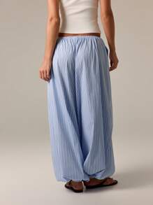 AiiRZ 灯笼哈伦裤棉质休闲抽绳阔腿夏季沙滩家居服假日休闲宽松地中海风格竖条纹裤带侧袋