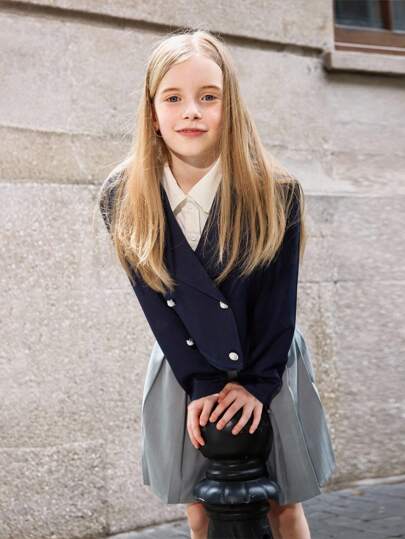 SHEIN Explorewe Tween Girl Classic Retro Casual Double Breasted Short Jacket, Spring Autumn Season Back To School College Style School Uniform Navy Blue School Uniform School Uniform Navy Jacket Fall Winter