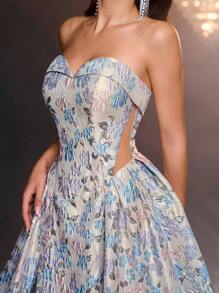 Glamrae 优雅奢华露肩浅金色和蓝色提花花卉舞会礼服，适合返校派对、单身派对、婚礼、派对、度假、宴会 - 彩色 - 查看 9