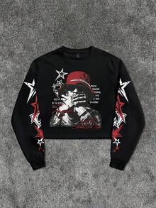 ROMWE MEN Street Life 男士休闲人物和星星印花套头衫 - 黑色 - 查看 5