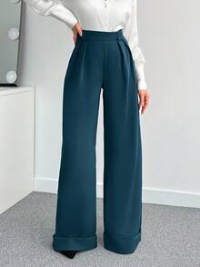 SHEIN Tall 女士纯色高腰阔腿裤 - 墨綠色 - 查看 4