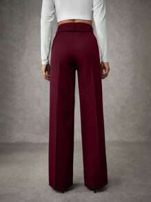 EURMUSE Women's Solid Pleated Seam Detailed Suit Pants - Burgundy - View 2