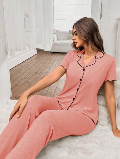 SHEIN Conjunto de top de manga corta y pantalones de punto rosa suave, suelto y romántico para mujer, casual y cómodo para el verano