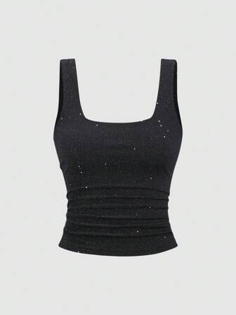 Sweetra New Shiny Fabric Elegant Commuter Everyday Wear Waist Cinched Slim Fit Women Tank Top, Autumn