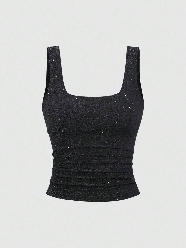 Sweetra Nouveau débardeur élégant en tissu brillant pour femme, coupe ajustée à la taille, pour le quotidien et les déplacements, automne - Noir - Voir 1