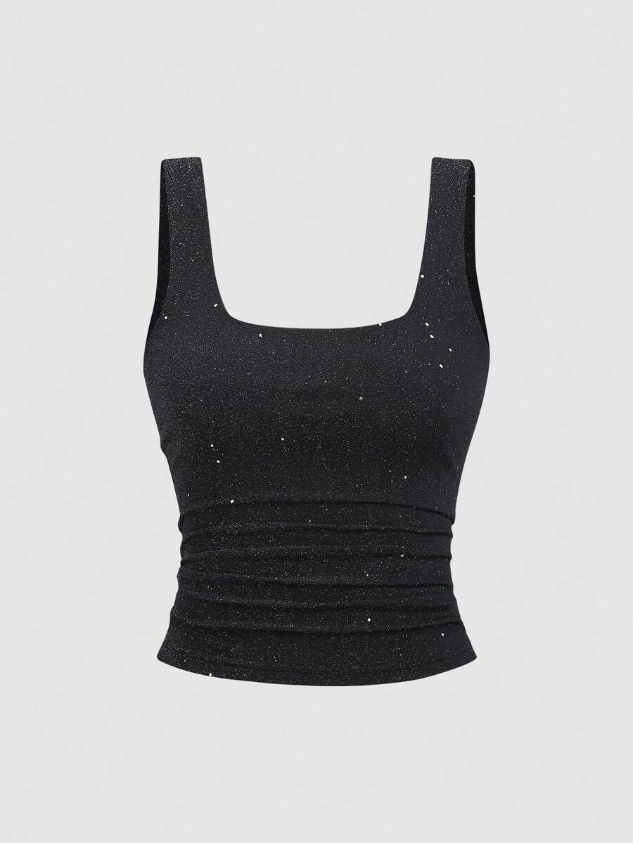 Sweetra New Shiny Fabric Elegant Commuter Everyday Wear Waist Cinched Slim Fit Women Tank Top, Autumn