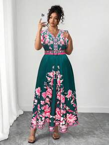 Elenzga Plus Size Women's Popular Fashion, Versatile, Thailand Maldives Vacation Beach Boho Style Printed Cinched Waist V-Neck Cap Sleeve Dress, Spring/Summer - Multicolor - View 5