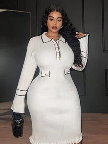 Slaydiva 2025 秋冬新款休闲通勤优雅浪漫日常正式办公室装，Office Siren，Easywear 优雅通勤连衣裙，针织黑白撞色中长连衣裙，长袖喇叭袖 Polo 领大码女式针织连衣裙 - 彩色 - 查看 7