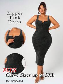 SHEIN SXY 大码女式春夏性感日常基本款复古水洗方领无袖紧身拉链 V 领休闲中长连衣裙