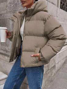 EURMUSE 女士冬季连帽口袋夹克，格子编织时尚纯色高街外套，温暖厚实 - 米色 - 查看 6