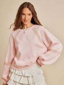 WESTFADE Fleece & Crochet Lace Crewneck Raglan Sleeve Boxy Fit Sweatshirt Back To School Fall Clothes - Pink - View 4