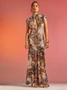 SHEIN Haute 抽象花卉动物印花蕾丝网眼连衣裙 - 彩色 - 查看 4