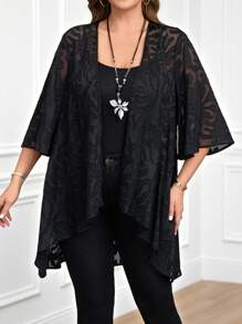Miaspire Plus Size Women Black Jacquard Pattern 3/4 Sleeve Loose Open Front Cardigan Sweater Summer Spring For Women Vacation Woman Western Wear Women Blouses For Women Elegant Concert