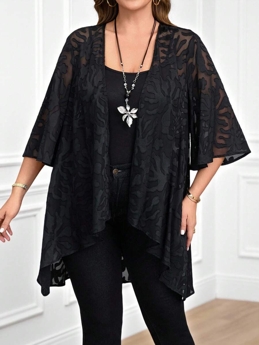 Miaspire Plus Size Women Black Jacquard Pattern 3/4 Sleeve Loose Open Front Cardigan Sweater Summer Spring For Women Vacation Woman Western Wear Women Blouses For Women Elegant Concert