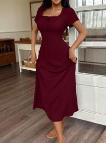 SHEIN Váy ngủ midi trơn cổ vuông thắt nút thời trang cho sự thoải mái thư giãn Váy mùa hè cho nữ Váy dài Váy mặc nhà Váy thường ngày cho nữ - Màu Đỏ Sâu - Xem 6