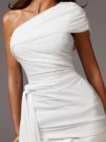 Athîral Women's Elegant Solid Color Tie Shoulder Sleeveless Top, Summer White One Shoulder Dress One Sleeve Dress White Dress Women White Dress White Reception Dress - White - View 5