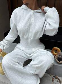 SHEIN EZwear 灰色休闲女式落肩长袖前拉链连帽连体裤 - 灰色 - 查看 2