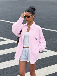 SHEIN EZwear 女士刺绣装饰粉色条纹宽松长袖衬衫 粉色条纹衬衫 粉色马刺绣衬衫 - 粉色 - 查看 5