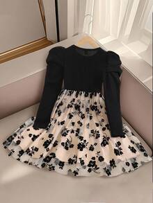 Tween Girl Casual Elegant Round Neck Puff Lantern Long Sleeve Floral Patchwork Mesh Ruffle Hem Dress, Suitable For Halloween, Christmas, Day Of The Dead, Black Fall Winter - Black - View 2