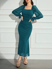 Modelyn 酒红色女士纯色方领褶裥优雅长袖连衣裙 长款晚礼服 灯笼袖连衣裙 长袖优雅连衣裙 深绿色女士连衣裙 - 水鴨藍 - 查看 4