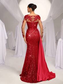 Glamrae Elegant Luxurious Embroidered Applique Lace Sequined Satin Ruched Mermaid Tail Split Hem Long Dress With Train,Suitable For Weddings,Formal Parties - Red - View 3