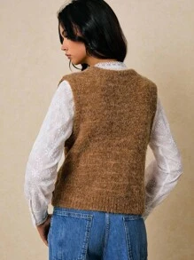 Poéselle 毛绒针织无袖毛衣背心 - 女式柔软纽扣前开衫背心，女式针织背心，毛绒背心，无袖开衫，柔软针织背心，纽扣前背心，分层背心，秋季针织背心，西部服饰 - 鏽棕色 - 查看 2