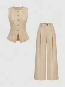 Sweetra 1 Set Black Single-Breasted Sleeveless Top And Pleated Wide-Leg Pants - Khaki - View 1