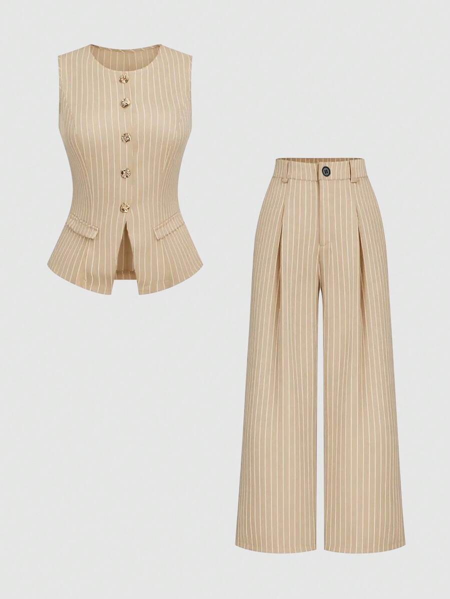 Sweetra 1 Set Black Single-Breasted Sleeveless Top And Pleated Wide-Leg Pants - Khaki - View 1